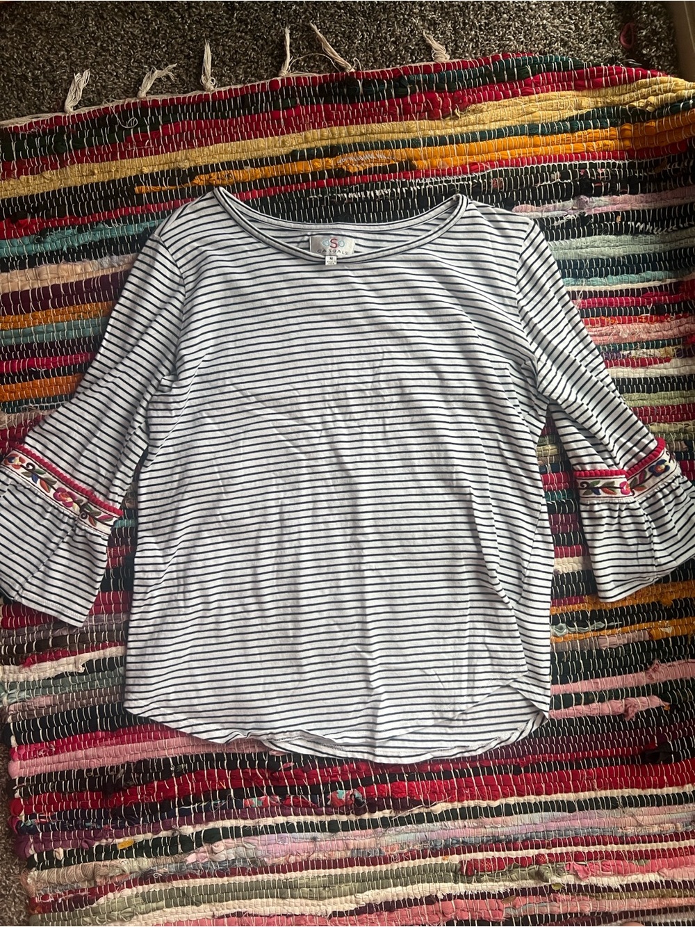 Women's Black & White Striped Bell-Sleeve Top with Embroidered Trim